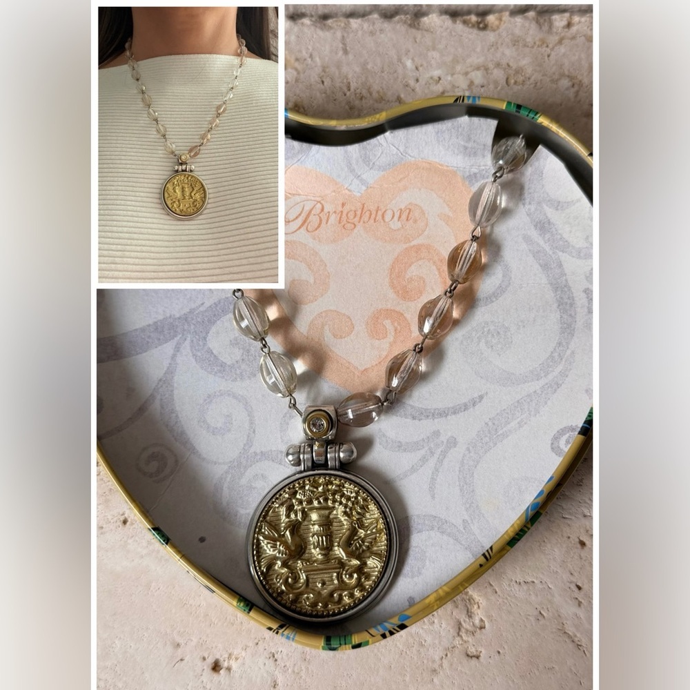 Brighton Lucia Rosary Necklace w/ Box | Champagne Beads Silver & Gold Medallion